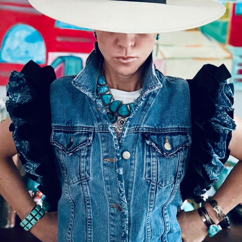 Vintage Denim Jacket Upcycled with Ruffles - Blue/Black